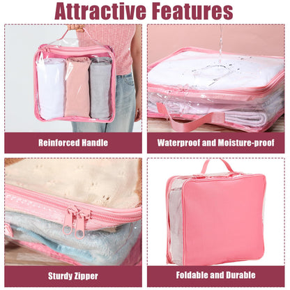 6 Pieces Large Clear Travel Packing Cube Clear Vinyl Zippered Storage Bags See Through Moving Bag PVC Multipurpose Pouch with Handle for Suitcase Shirts Dress Storage (Pink,11.8 x 10.2 x 3.9 Inch)