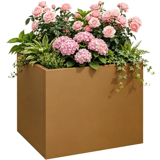 Meyoppm 24"x24"x25" Corten Steel Planter Box, Rustic Metal Planter with Drainage Holes, Rust & Weather Resistant for Patio Garden Indoor Outdoor Commercial Use