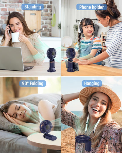 FAPPEN Mini Handheld Fan, Portable USB Hand Held Fan, Rechargeable 5 Speeds Folding Hand Fans with Base and Lanyard for Home Office Bedroom Outdoor Travel(Deep Blue)