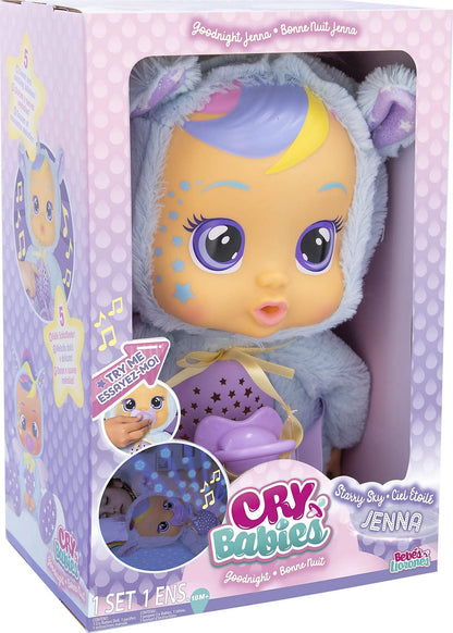CRY BABIES Goodnight Starry Sky Jenna / Sleepy Time Baby Doll with LED Lights tears, Lullabies and Star Projector Night Light - Bedtime doll for Kids 18M+ age