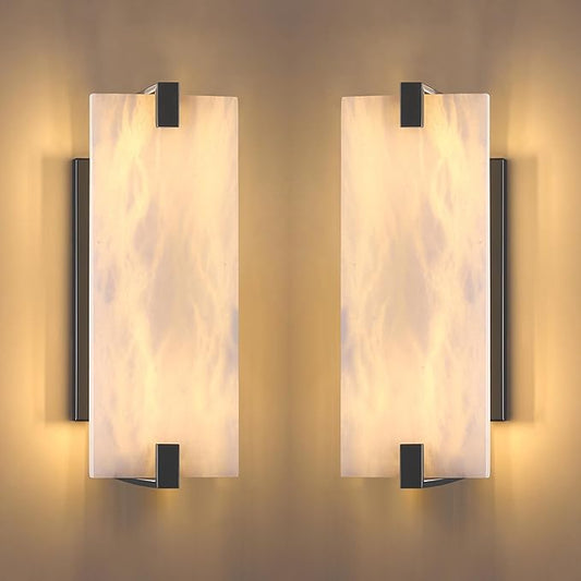 2 Pack 2 Light Square 12.75" Alabaster Marble Bathroom Wall Sconce Modern Concise Style Wall Light Fixture,Dark Gray Finish for Bedroom Hallway Bedside