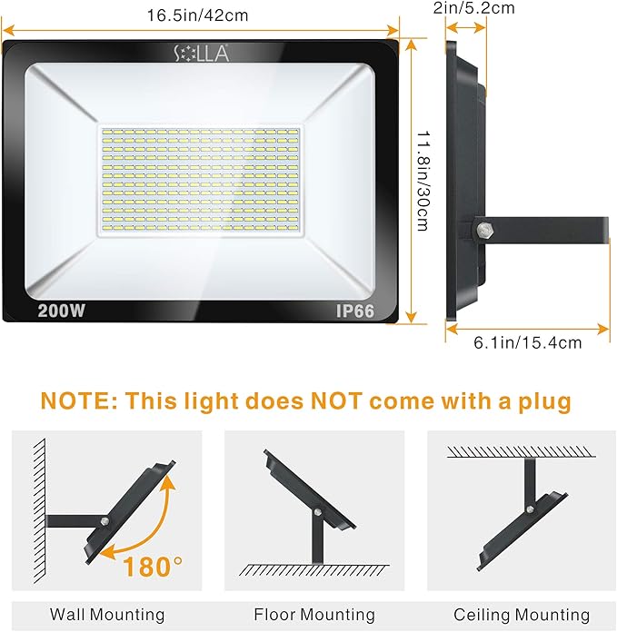 200W LED Flood Light Outdoor, 20000lm Super Bright Security Light, 1060W Equivalent, 6000K Daylight White, IP66 Waterproof Outside Floodlights, LED Exterior Light for Garage, Garden, Yard