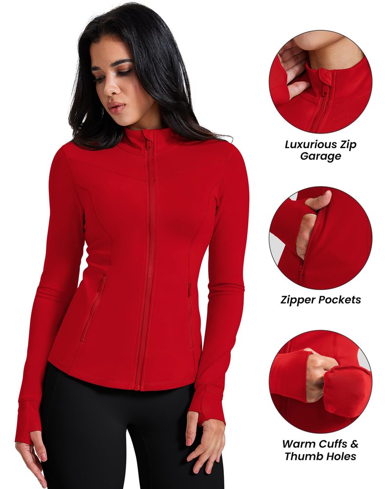AVGO Running Jackets for Women Long Sleeve Zip Up Track Workout Jacket Cottony Soft Yoga Gym Top with Pockets (Red, Medium)