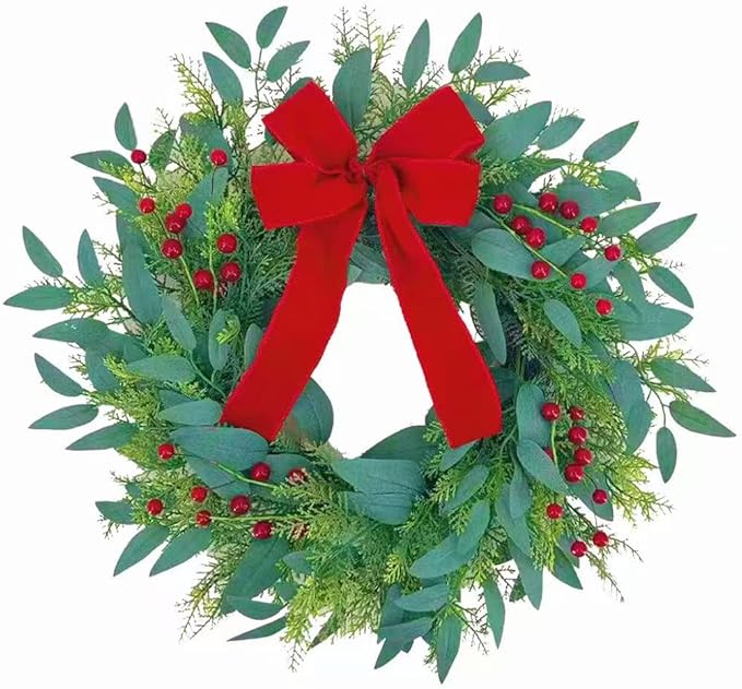 20 Inch Christmas Wreath for Front Door,Artificial Realistic Green Leaves with Red Bow, Used for Window, Wall, Porch, and Other Indoor and Outdoor Home Decorations