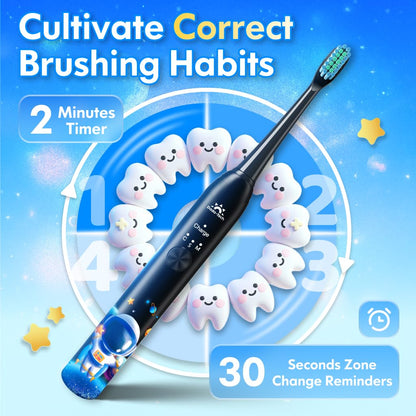 Kids Electric Toothbrush 3-5-6-12 Rechargeable Childrens Electric Toothbrush with Timer 3 Modes Habit-Forming Stickers 31000VPM Power for Boys Junior Kids Sonic Toothbrush (Astronaut Black)