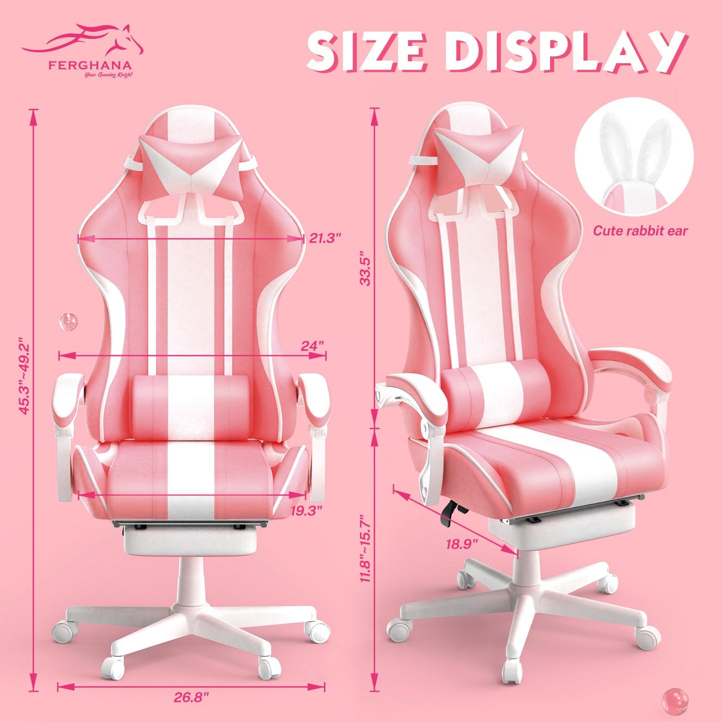 Ferghana Kawaii Pink Gaming Chair with Bunny Ears, Ergonomic Cute Gamer Chair with Footrest and Massage, Racing Reclining Leather Office Computer Game Chair 250lbs for Girls Adults Teens Kids