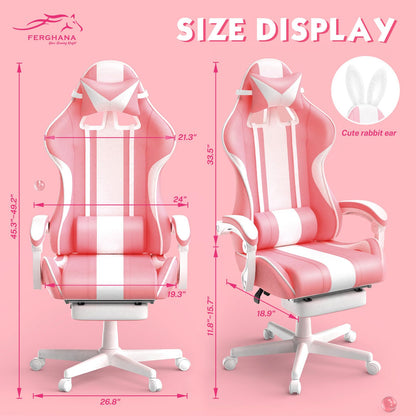 Ferghana Kawaii Pink Gaming Chair with Bunny Ears, Ergonomic Cute Gamer Chair with Footrest and Massage, Racing Reclining Leather Office Computer Game Chair 250lbs for Girls Adults Teens Kids