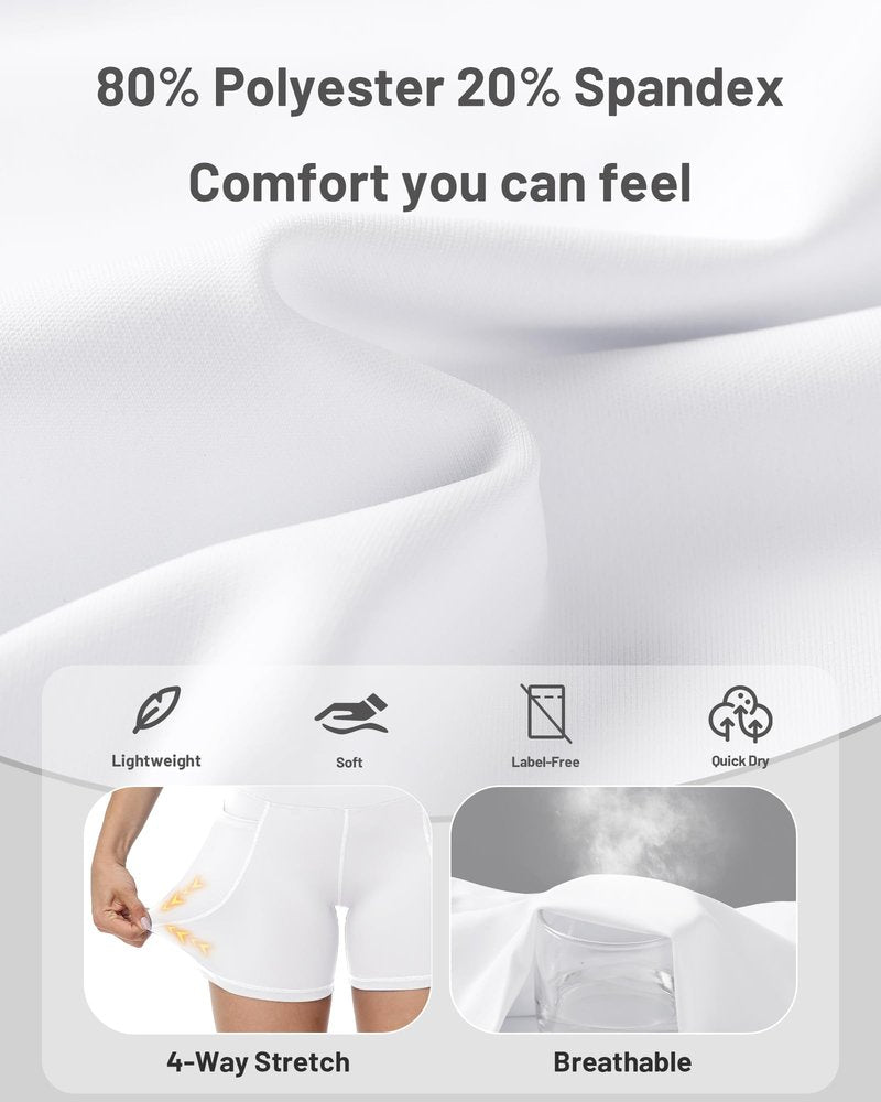 Runhit Yoga Shorts with Pockets for Women - 5'' White High Waisted Biker Workout Gym Athletic Compression Spandex Tummy Control Shorts