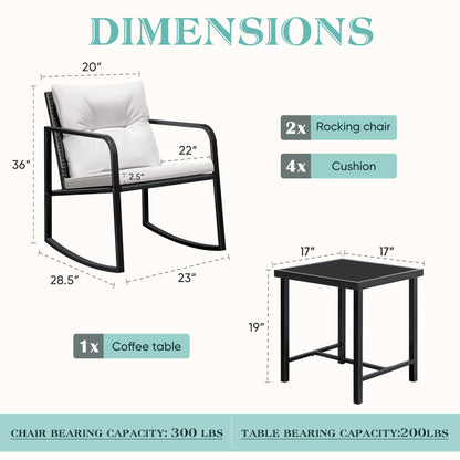 Greesum 3 Pieces Rocking Wicker Bistro Set, Patio Outdoor Furniture Conversation Sets with Porch Chairs and Glass Coffee Table, Beige
