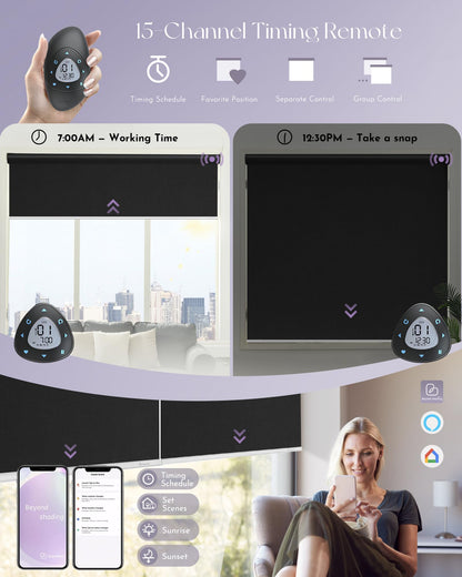 Graywind Motorized Roller Shade Work with Alexa Google 100% Blackout Rechargeable Smart Blinds Remote Control Battery Motor Cordless Window Shades, Customized Size (Matt Black)