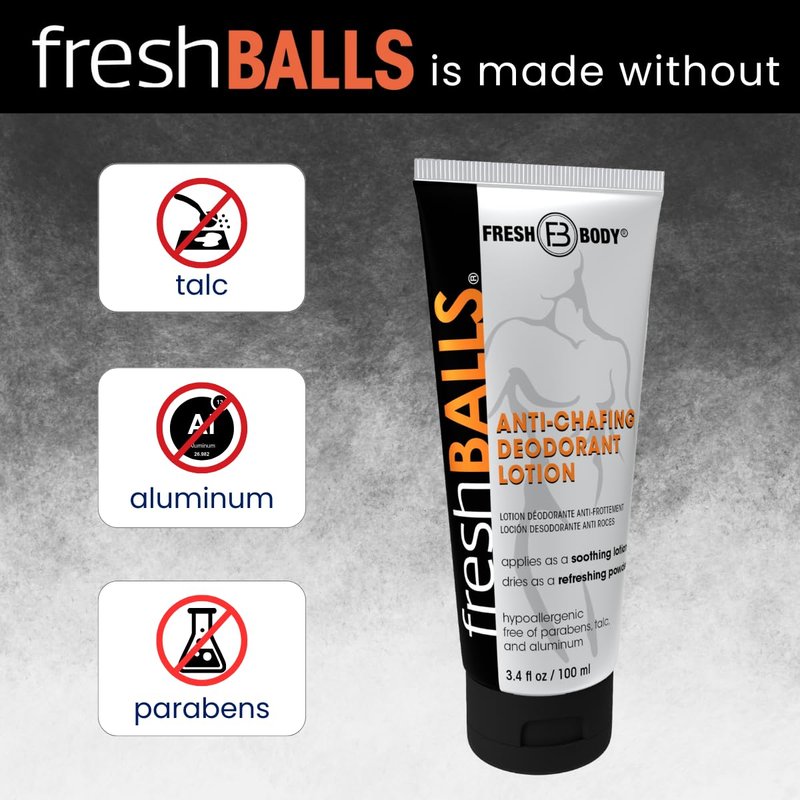FRESH BALLS Lotion Anti-Chafing Cream Ball Deodorant for Men - Men's Anti-Chafe Lotion to Powder & Hygiene for Groin Area - Aluminum-Free, Talc-Free, 3.4 oz