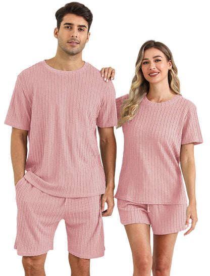 EISHOPEER Knit Matching Pajamas Sets Couple Drawstring Nightwear Short Sleeve Sleepwear 2 Pieces Loungewear with Shorts Pink Large