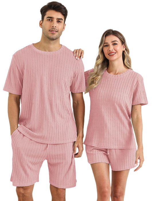 EISHOPEER Knit Matching Pajamas Sets Couple Drawstring Nightwear Short Sleeve Sleepwear 2 Pieces Loungewear with Shorts Pink Large
