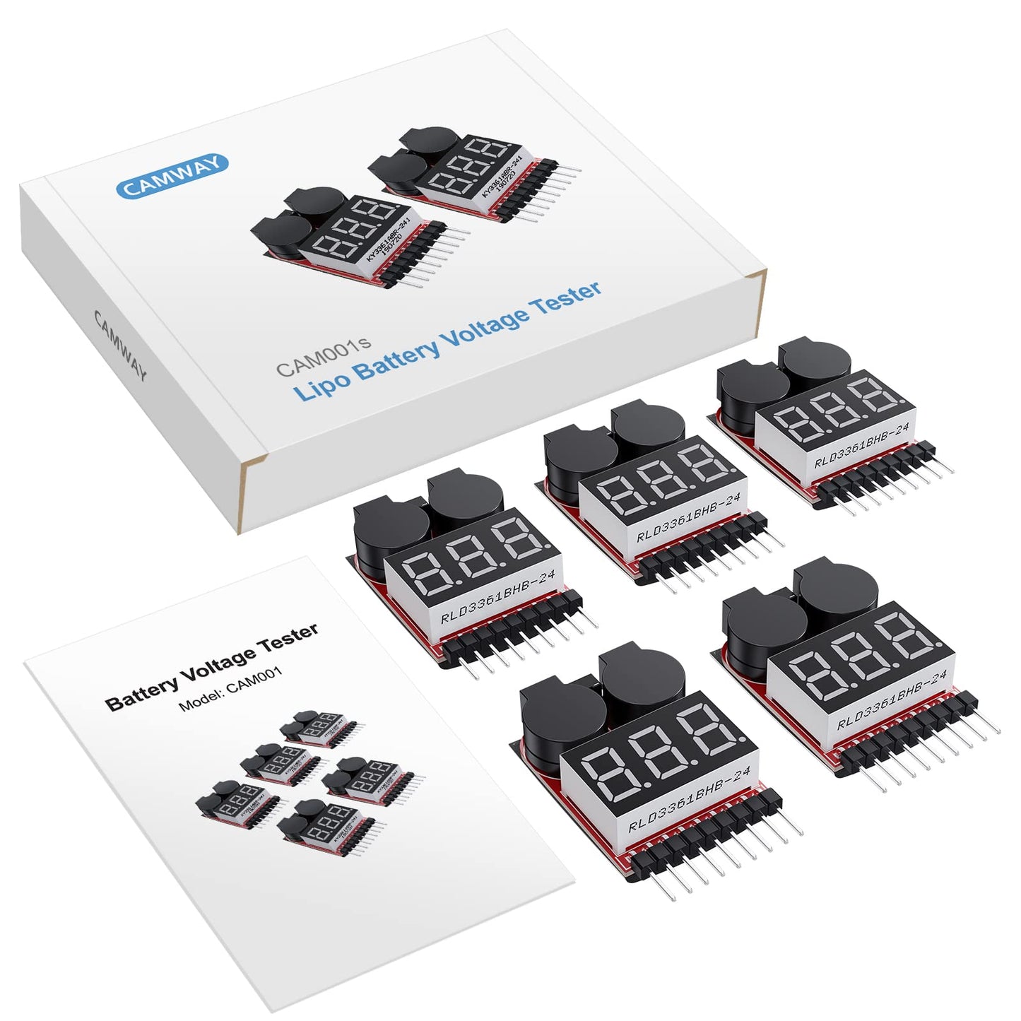 CAMWAY 5PCS 2in1 1-8s Lipo Battery Voltage Tester,RC Low Voltage Buzzer Alarm,Battery Monitor Checker Tester for 1-8s Lipo/Li-ion/LiMn/Li-Fe