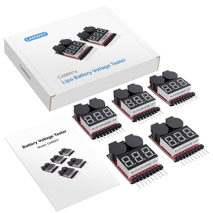 CAMWAY 5PCS 2in1 1-8s Lipo Battery Voltage Tester,RC Low Voltage Buzzer Alarm,Battery Monitor Checker Tester for 1-8s Lipo/Li-ion/LiMn/Li-Fe