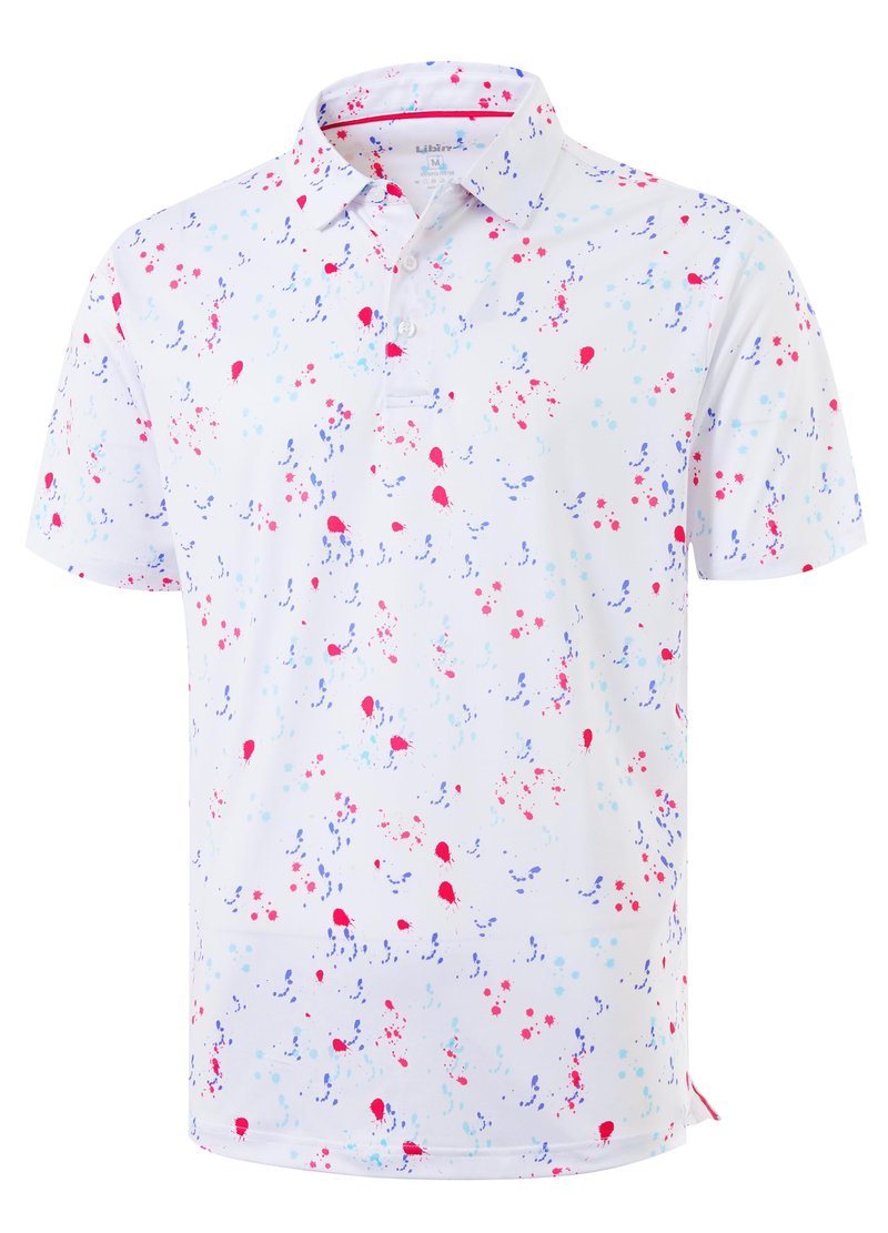 Libin Golf Shirts for Men Short Sleeve Quick Dry Performance Moisture Wicking Print Collared Polo Shirts Casual Business, White Colorful Dots, Large