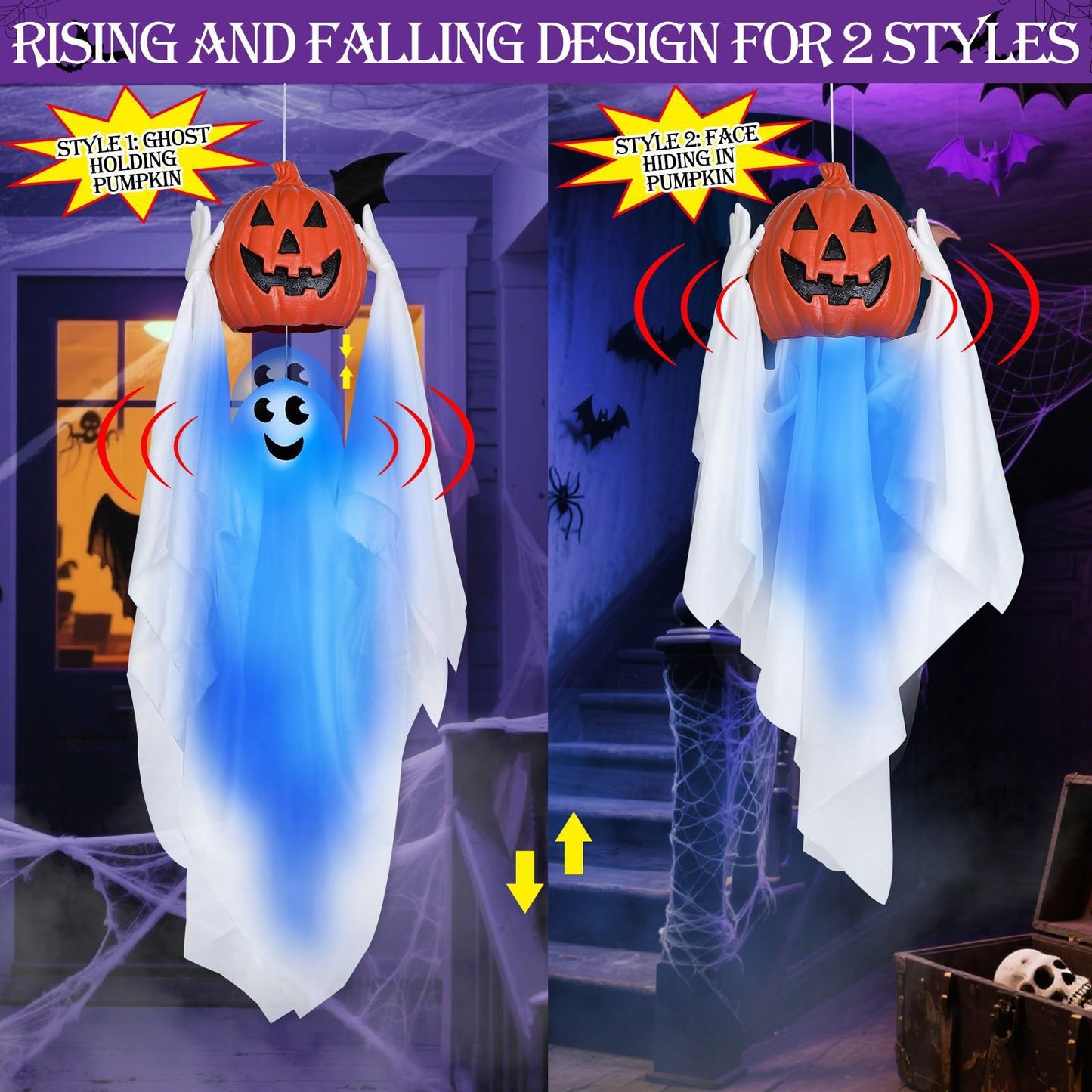 Sound Activated 43” Halloween Animatronics Hanging Ghost Holding Pumpkin, Hide-and-Seek Ghost with Blue Light & Creepy Sound for Halloween Decorations Outdoor, Yard Porch Party Haunted House