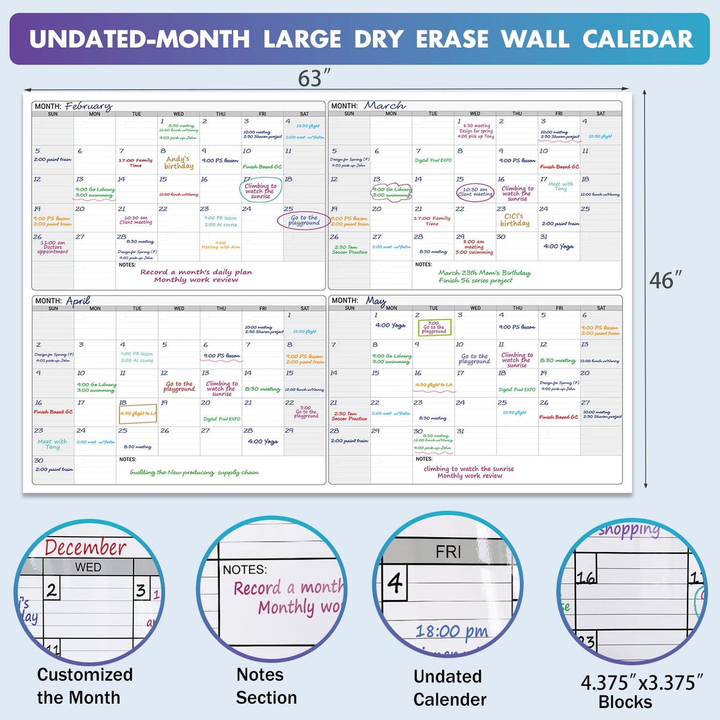 Dry Erase Four Month Laminated jumbo Wall Calendar, 46" x 63", Huge quarterly Laminated Erasable White Board, Giant 120 day Family Whiteboard Schedule Planner, Large Multi Month Reusable Poster