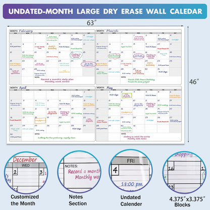 Dry Erase Four Month Laminated jumbo Wall Calendar, 46" x 63", Huge quarterly Laminated Erasable White Board, Giant 120 day Family Whiteboard Schedule Planner, Large Multi Month Reusable Poster