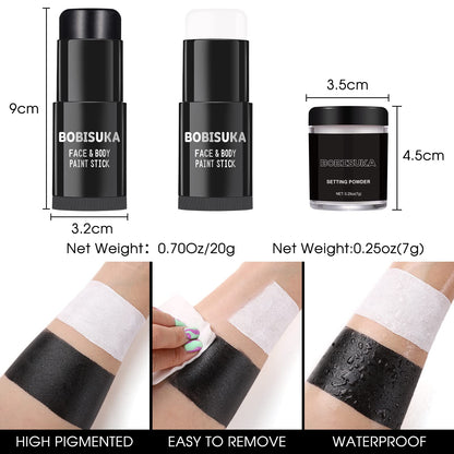 BOBISUKA Black White Face Paint Stick with Setting Powder Set, Eye Black Sticks for Sports, Body Paints for Clown Skeleton Vampire Skull Cosplay Special Effects Costume SFX Halloween Makeup Kit