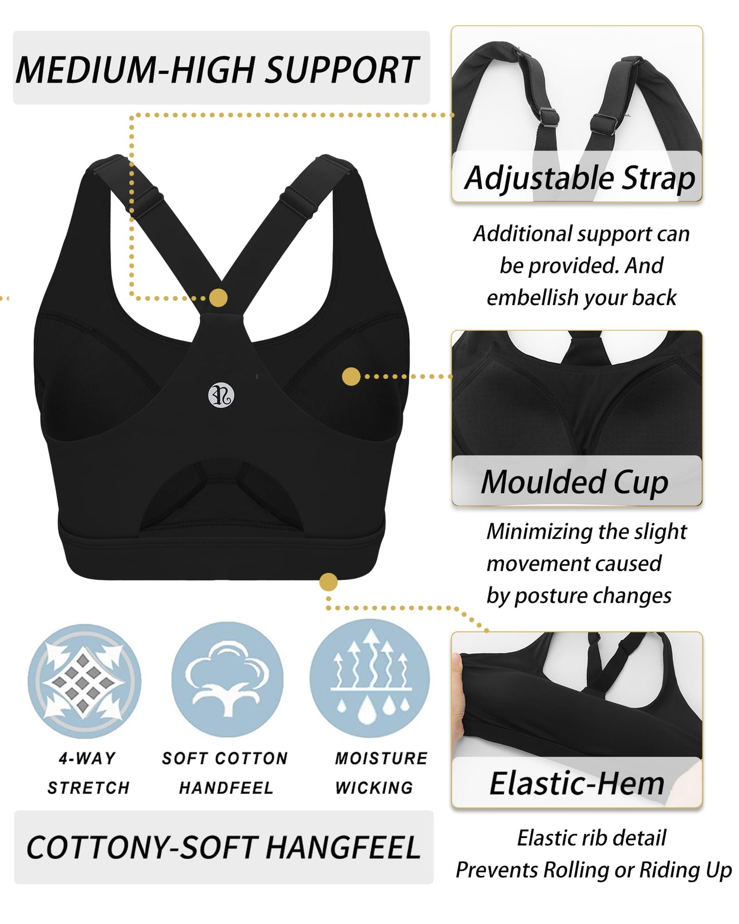 RUNNING GIRL High Impact Sports Bras for Women, High Support Running Adjustable Sports Bra Molded Cup Strappy Sports Bras(WX3150 Black M)