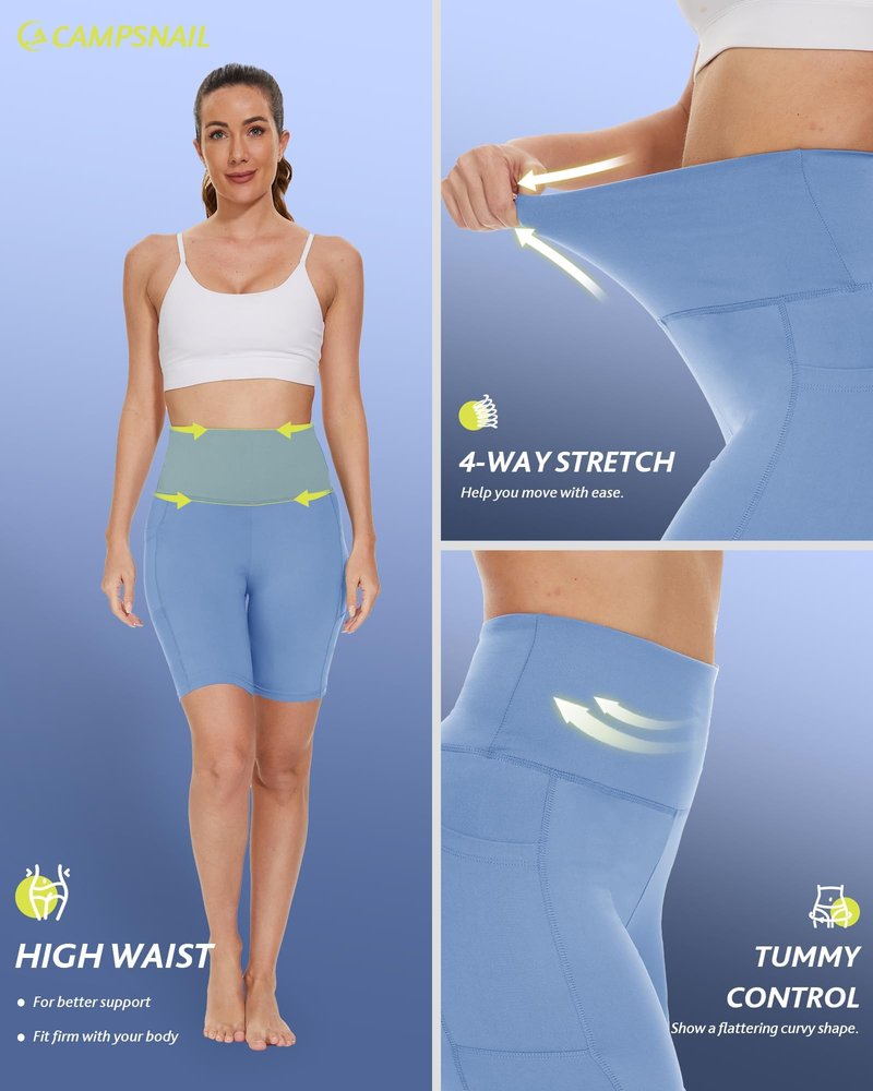 CAMPSNAIL Biker Shorts Women with Pockets - 3"/5"/8" High Waisted Workout Spandex Tummy Control Gym Running Yoga Shorts Light Blue