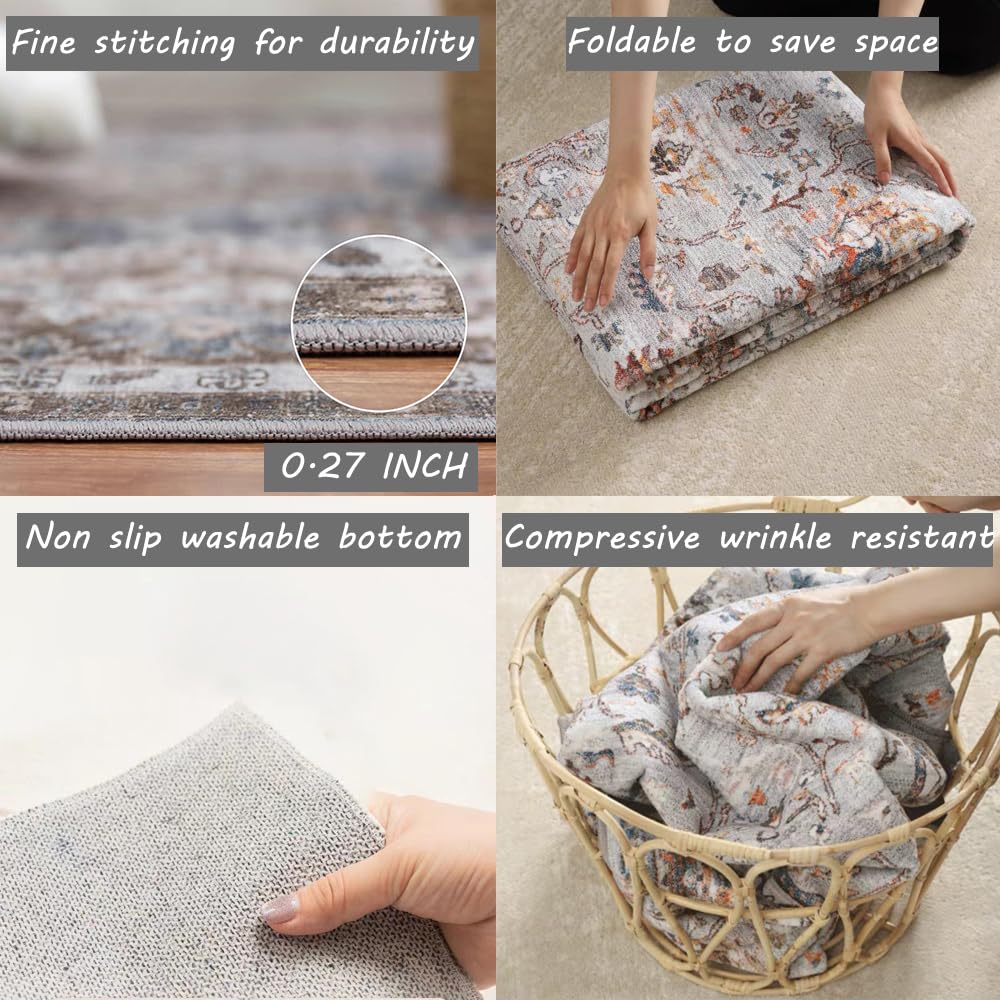 CHAMPLANT Washable Area Rug 5x7 for Living Room Retro Boho Chic Medallion Distressed Design Indoor Non-Slip Large Oriental Accent Throw Rug for Kitchen Bedroom Office Carpet