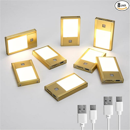 Rechargeable Motion Sensor Night Lights, 8-Pack - Painted Gold Aluminum Alloy, Ultra-Compact Magnetic Mount, 3000K Warm White Glow, Ideal for Hallways, Bedrooms, Stairs & Nightly Use
