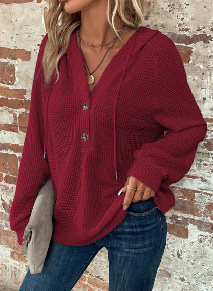 Dokotoo Hoodies for Women Waffle Knit Drawstring Button V Neck Long Sleeve Shirts Christmas Sweaters Pullover Sweatshirt Tops Lightweight Casual Cute Cozy Fall Winter Fashion Outfits Red X-Large