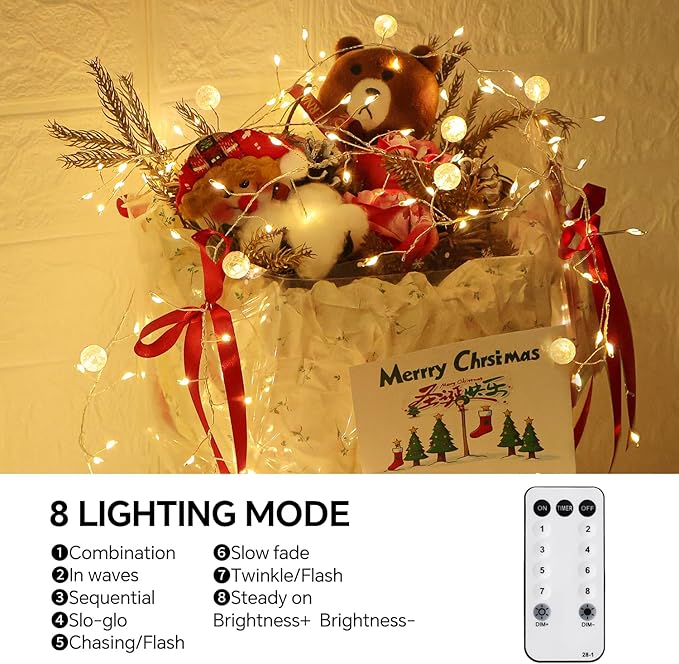 Copper Wire Firecracker Christmas Lights, 26FT 400LED Plug-in Twinkle Cluster Fairy Lights for Christmas Tree with Remote for Bedroom Dorm Wreath DIY Wedding Christmas Decoration