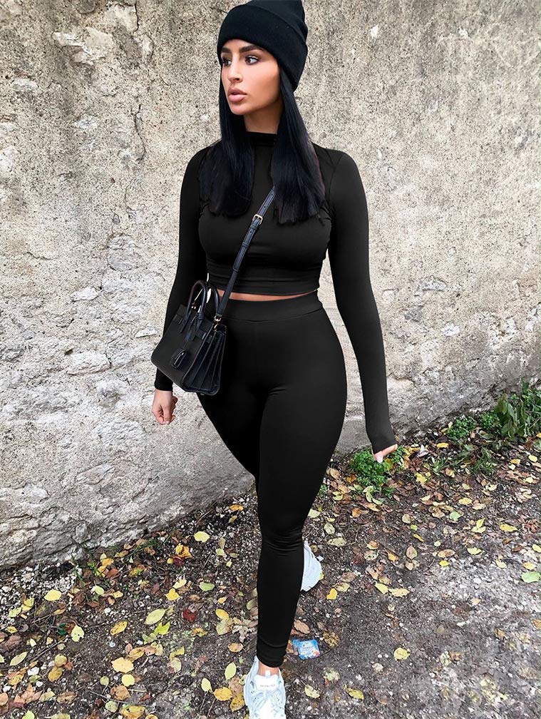 GOKATOSAU Women's Sexy 2 Piece Outfits Long Sleeve Crop Top Pants Set Club Jumpsuits Black