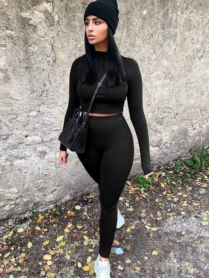 GOKATOSAU Women's Sexy 2 Piece Outfits Long Sleeve Crop Top Pants Set Club Jumpsuits Black