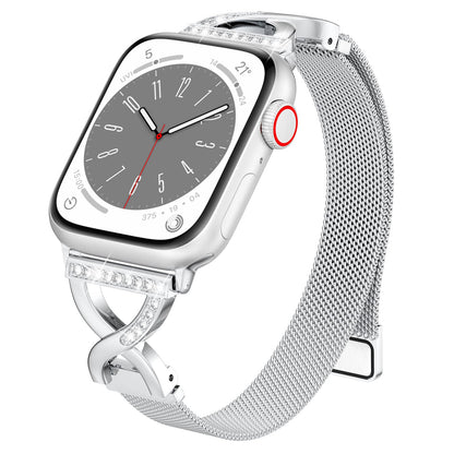 Slim Milanese Loop Compatible with Apple Watch Straps 38mm 40mm 41mm 42mm 44mm 45mm 46mm Series 11 10 9 8 7 6 5 4 SE 3 2 1 Womens,Thin Magnetic Metal band with X-Shape Diamond Clasp for iWatch Straps
