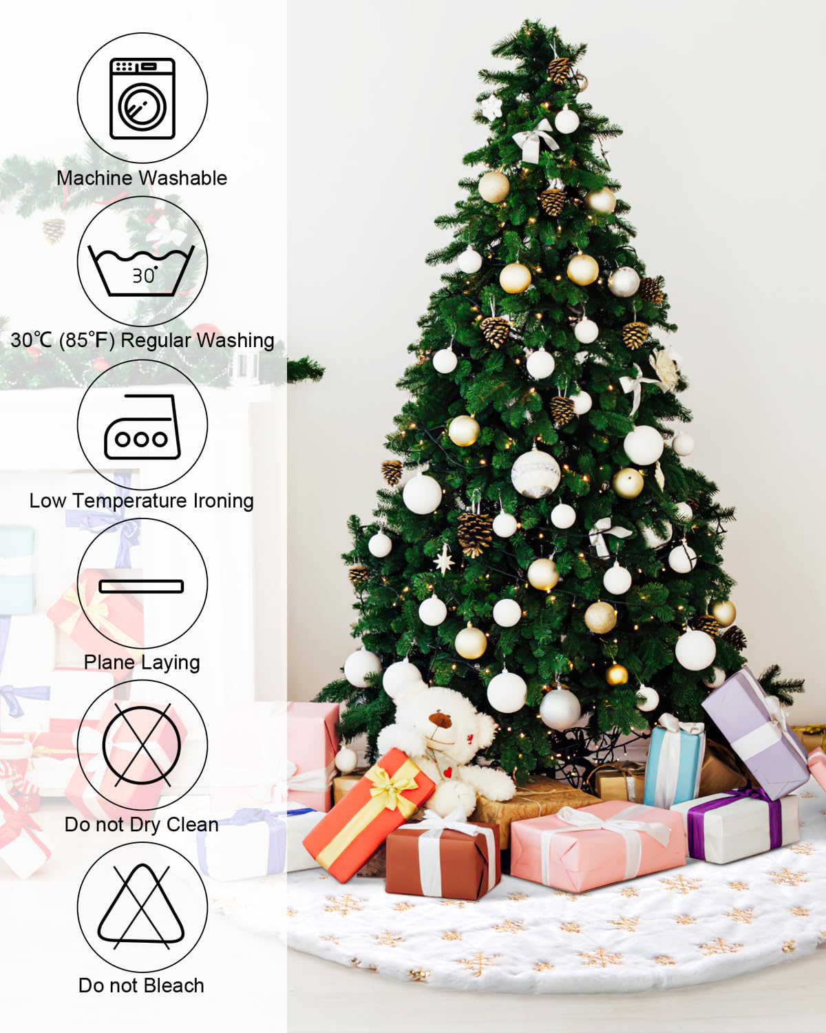COOLWUFAN 48 Inches Faux Fur Christmas Tree Skirt for Xmas Tree Holiday Party Decoration White Plush Gold Sequin Snowflake (Gold)