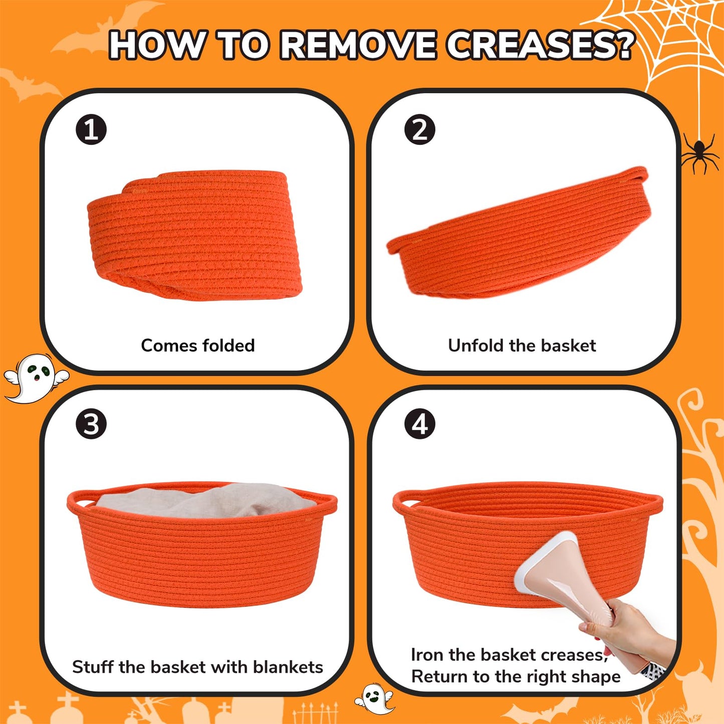 CHICVITA Halloween Basket for Gifts, Boo Basket for Gift Empty, Rope Decorative Baskets with Gift Bags & Ribbon for Baby Girl, 12"x 8"x 5"