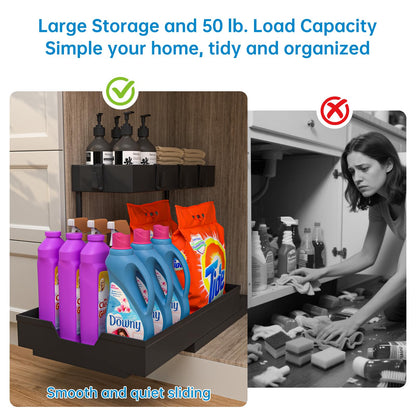 2-Tier Under Sink Organizers 2 Pack Sliding L-shape Cabinet Organizers Narrow Space Storage Shelves Multi-purpose Sink Organizer Baskets with 4 Hook for Kitchen Bathroom Drawer, Black
