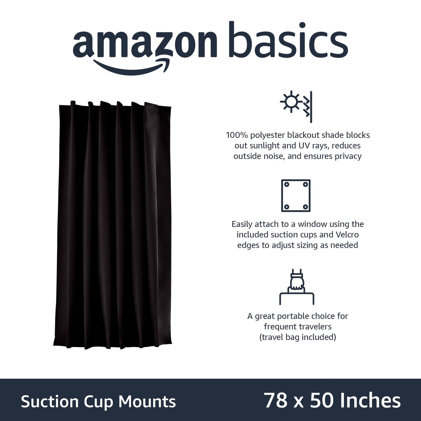 Amazon Basics Portable Blackout Curtain Shade with Suction Cups, 50" x 78", 1-Pack, Black