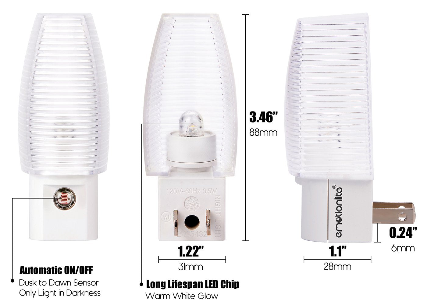 Emotionlite Plug in Night Light, Warm White LED Nightlight, Dusk to Dawn Sensor, Kids, Nursery, Bedroom, Bathroom,Hallway, Stairs, Kitchen, 4 Pack