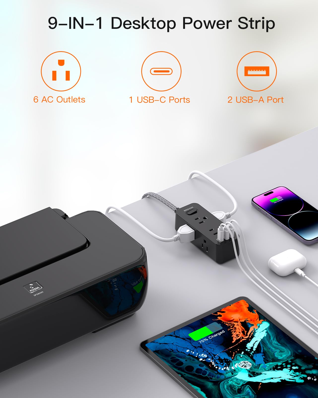 Power Strip Surge Protector, BESHON 5Ft Extension Cord, 6 Outlets with 4 USB Ports (2 USB C Outlet), 3-Side Outlet Extender, Wall Mount, Compact for Travel, Home, School, College Dorm Room and Office