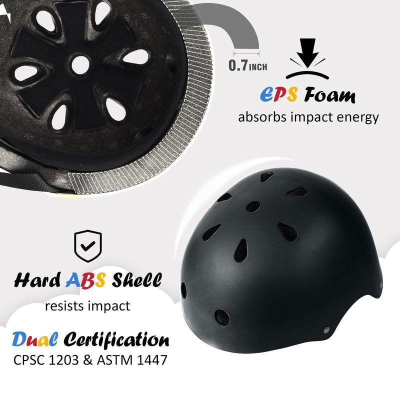 Kids Bike Helmet, Adjustable and Multi-Sport, from Toddler to Youth, 3 Sizes (Black)