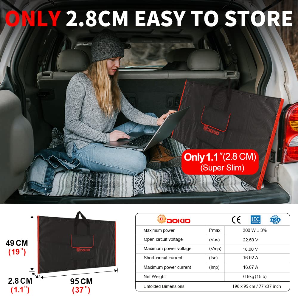 DOKIO 300W Portable Foldable Solar Panel Kit (21x40in, 17lb), with Separate Controller and Dual USB, Monocrystalline Charger for 12V Batteries, Power Stations, RV Camping Emergency Use