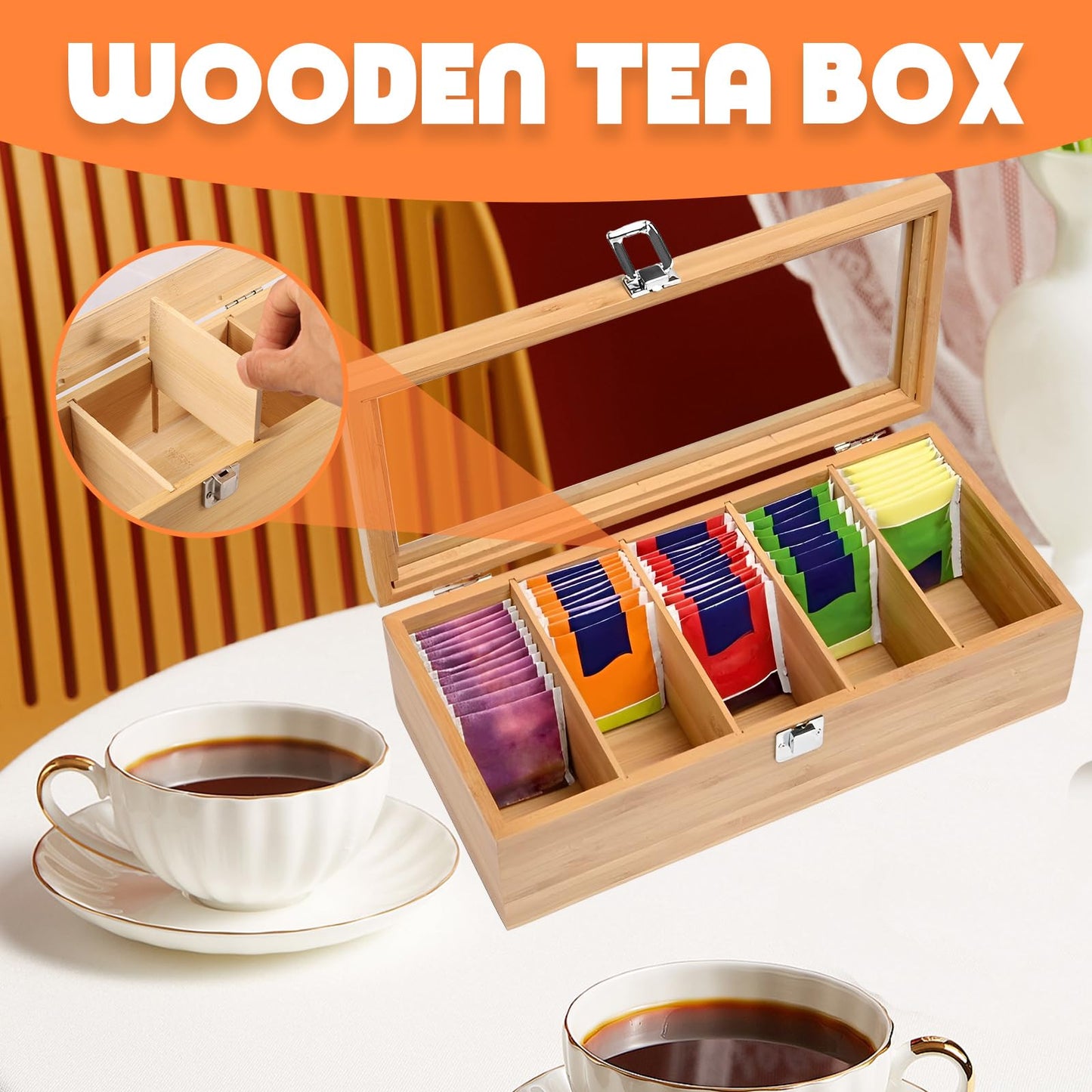 Bamboo Tea Bag Organizer Storage Box, 5 Compartments Bamboo Tea Box, Teabag Box Organizer with Clear Lid, Teabox Station Display, Portable Tea Bag Holder for Home Office Spices