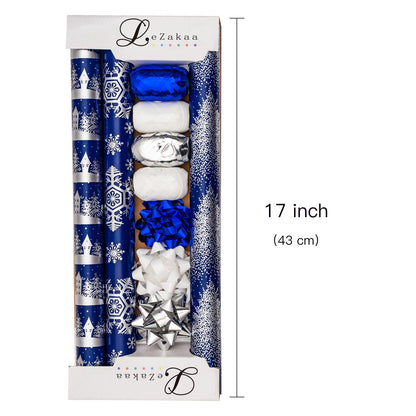 LeZakaa Christmas Wrapping Paper Bundle -Mini Roll with Bow, Ribbon, Sticker, Gift Tag -Navy with Silver Foil Design with Snowy Woodland Scenes/Snowflake/Tree-17x120 inches-3 Rolls (42.5sq.ft.ttl.)