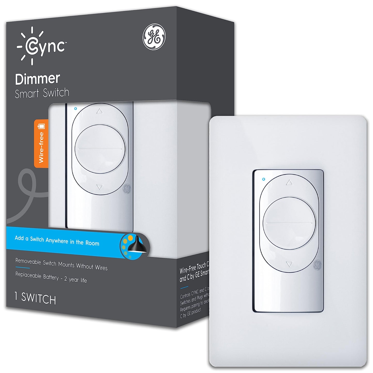 GE CYNC Smart Dimmer Light Switch, Neutral Wire Required, Bluetooth and 2.4 GHz WiFi 4-Wire Switch, Works with Amazon Alexa and Google Home, White Light Dimmer (1 Pack)