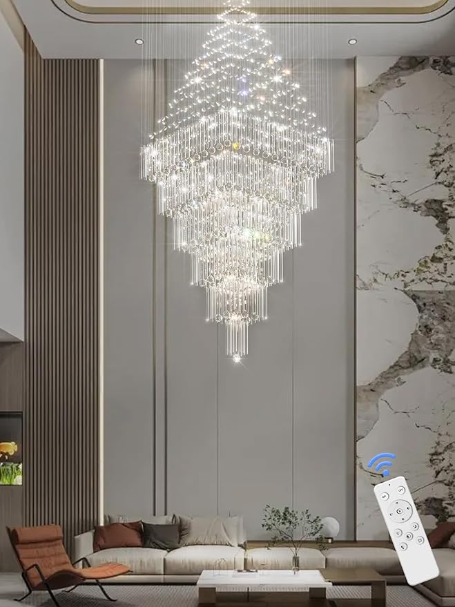 Flashing God D48''X H120'' Large Crystal Chandeliers for High Ceiling Square Crystal Raindrop Chandelier, Foyer Long Lighting Fixtures for Foyer Entryway Villa Silver ﻿