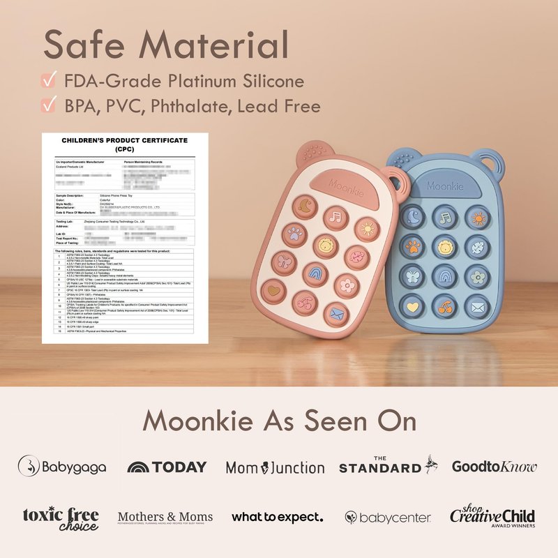 Moonkie Silicone Press Phone Teething Toy for Baby 3 Months+ | Soft BPA-Free Teether with Icon & Number Pop Bubbles | Ideal Gift for Baby Girls