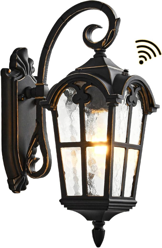 Dusk to Dawn Outdoor Wall Lights 17.1" H Exterior Lighting Fixtures Black Porch Light Waterproof Roman Wall Lantern with Water Ripple Glass for House Garage Patio