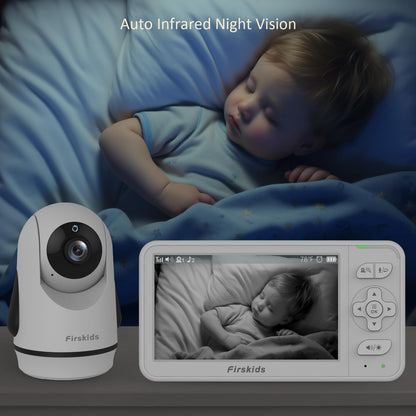 Firskids Baby Monitor, 5” Video Baby Monitor with Camera and Audio no WiFi, Pan Tilt Zoom Camera,32-Hour Battery, 2 Way Talk Temp Sensor Auto Night Vision, Suitable for Monitor Baby and Elderly