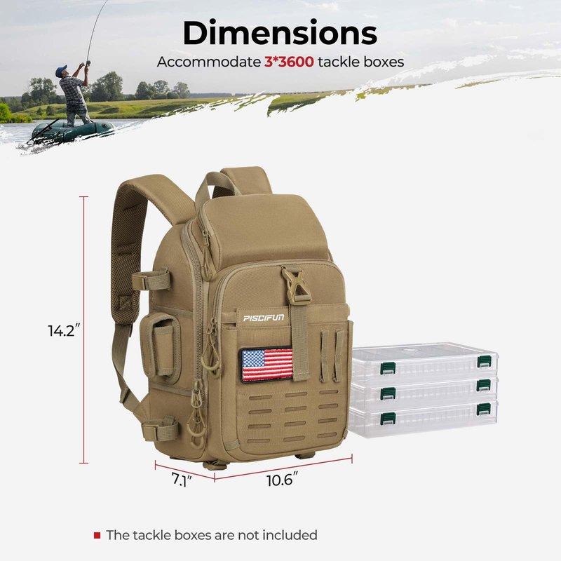 Piscifun Fishing Sling Tackle Bag with Rod & Gear Holder, Lightweight Sling Tackle Storage Bag with Protective Rain Cover, Outdoor Gear for Hiking, Khaki