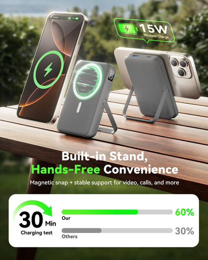 for Magsafe Battery Pack 10000mAh Power Bank with Foldable Stand Portable Charger,PD 22.5W Fast Charge,Travel Essential Wireless Charger for iPhone 17/16/15/14/13/12 Series–Black